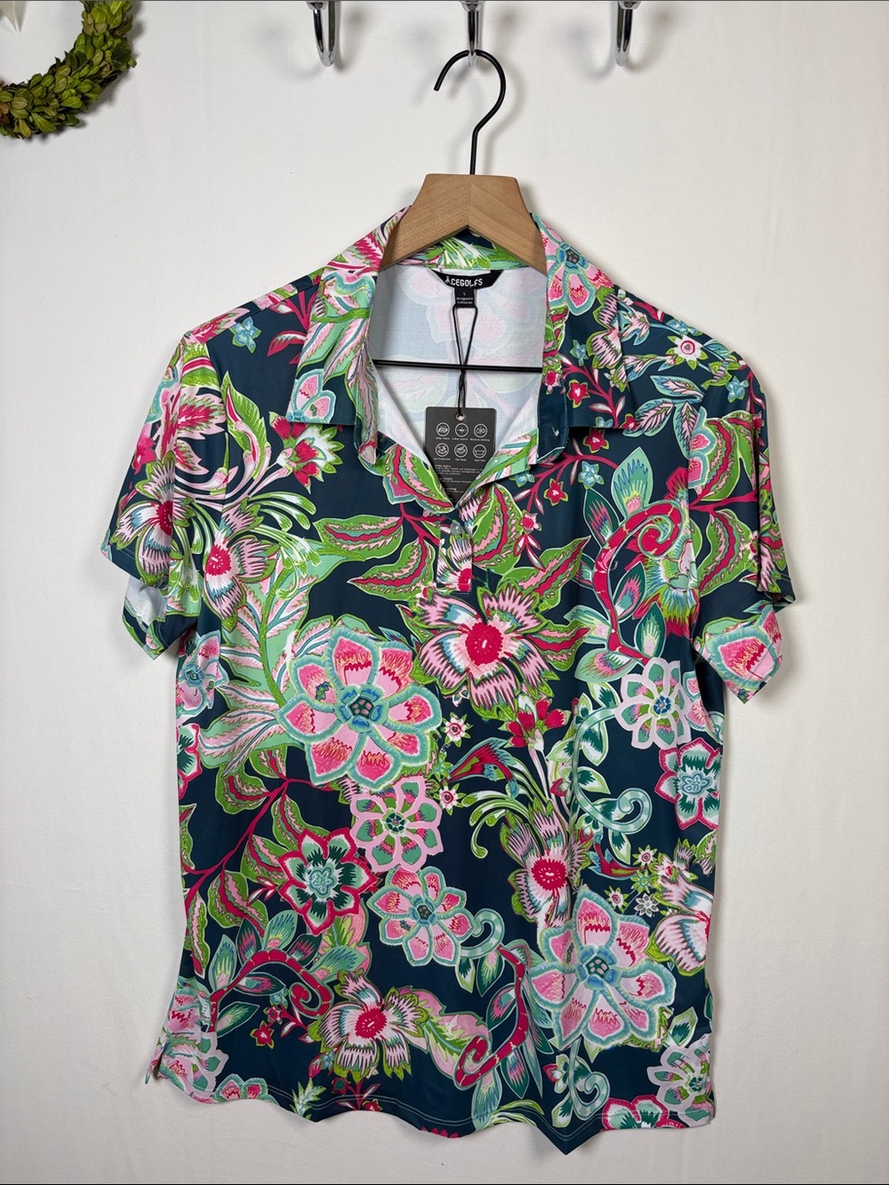 CEGOLFS New Women's Artful Floral Silky Polo Shirt size Large
